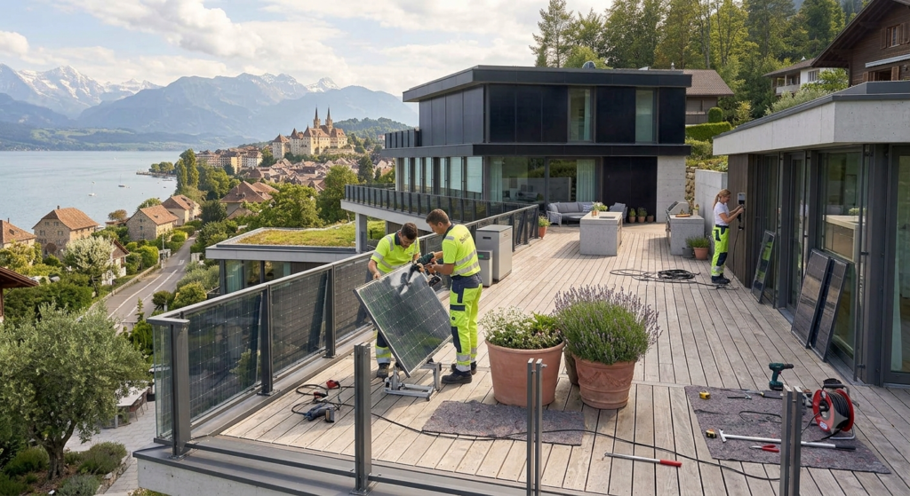 Deux installateurs fixent des modules solaires sur un garde-corps de terrasse
