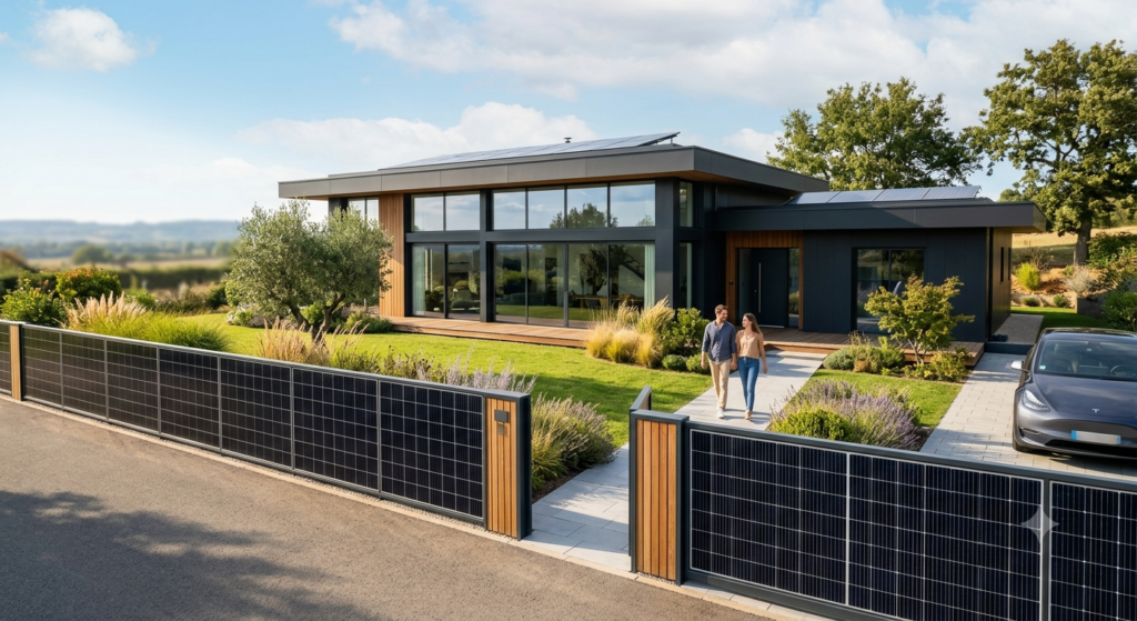 Villa moderne avec une clôture solaire à panneaux noirs le long de la rue