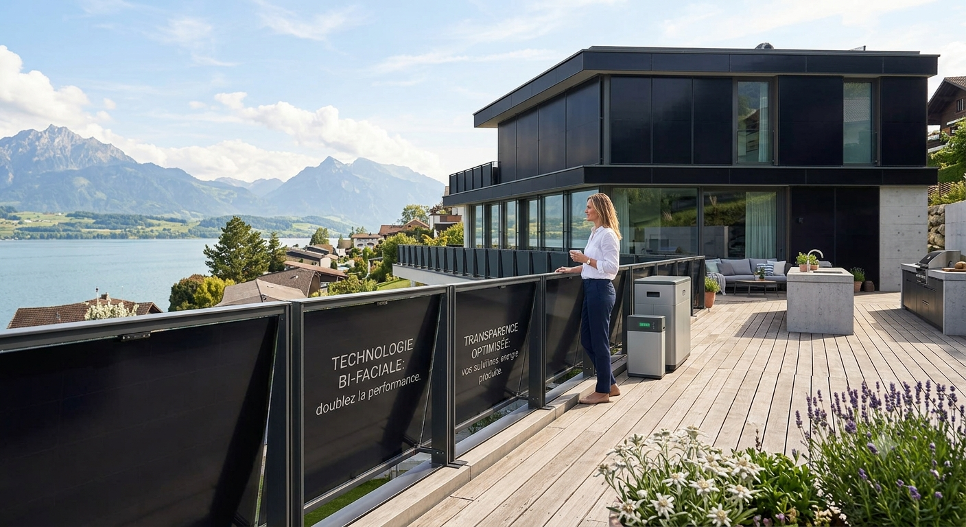 Terrasse avec un garde-corps solaire noir et une batterie domestique